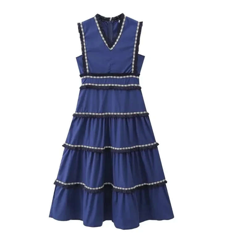 New Fashion Women Sexy V-neck Tassel Splicing Sleeveless High Waist Long Cheongsam Dress Female Casual Layer Long Pleated Dress