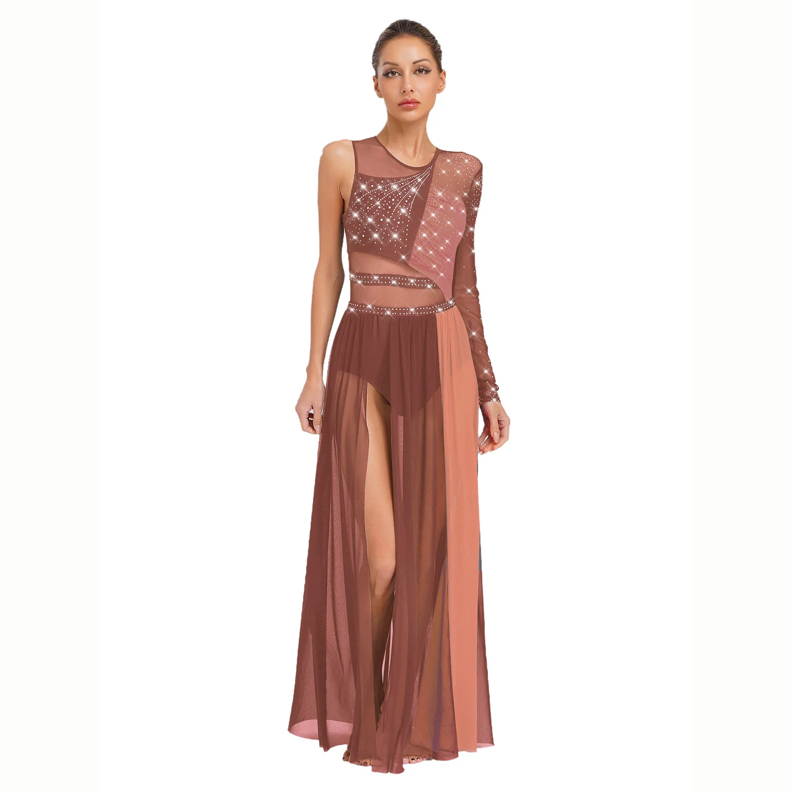 Women Lyrical Rhinestones Ballet Ballroom Waltz Dance Outfits Sheer Mesh Contemporary Ballet Stage Performance Dance Dress