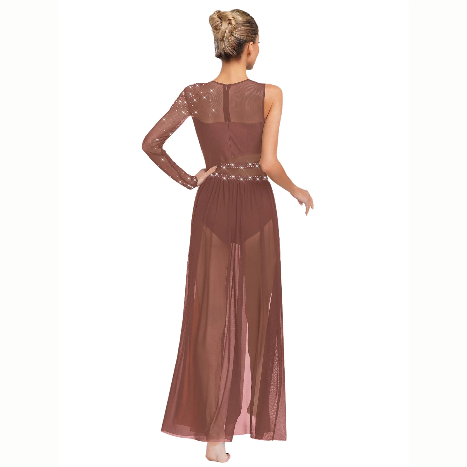 Women Lyrical Rhinestones Ballet Ballroom Waltz Dance Outfits Sheer Mesh Contemporary Ballet Stage Performance Dance Dress