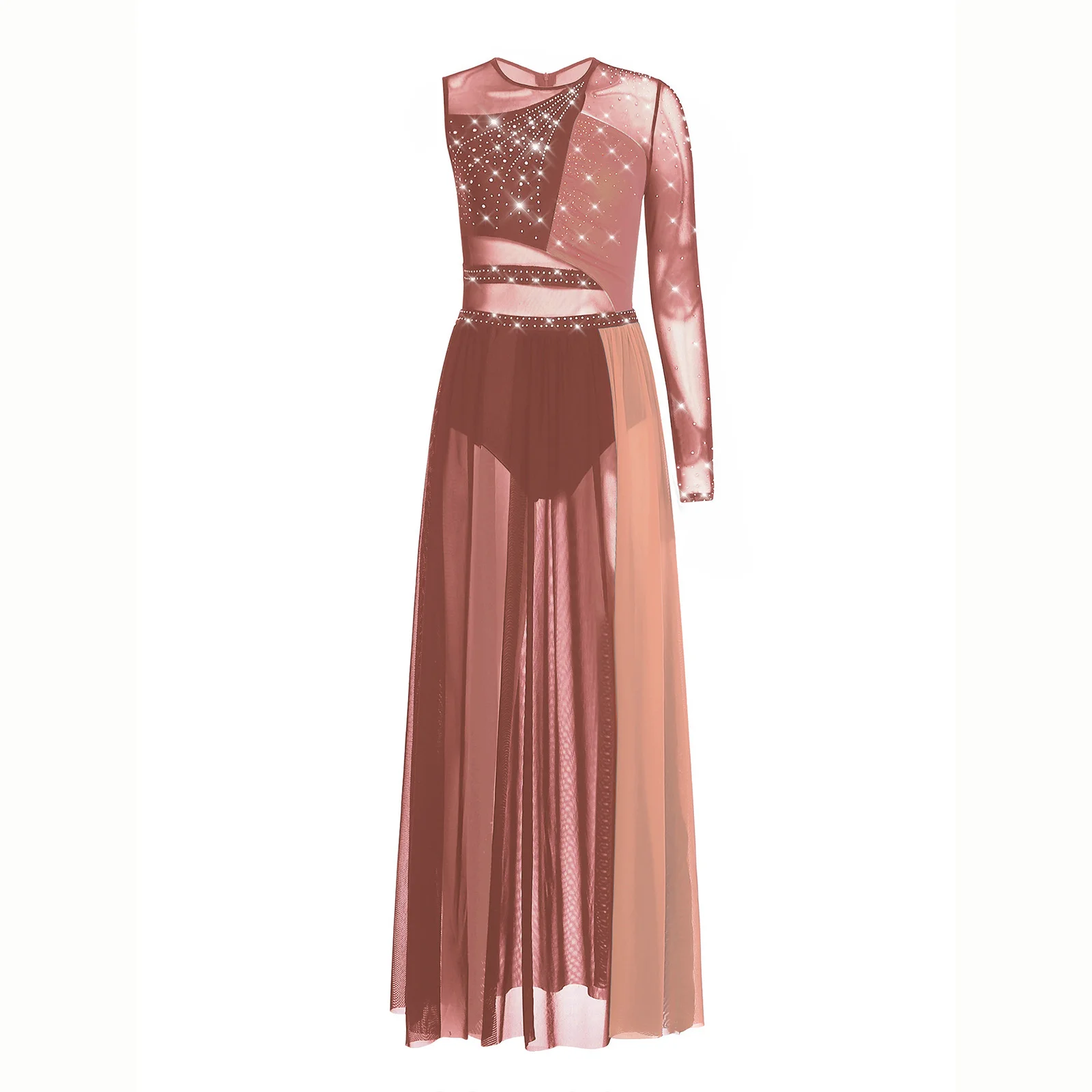Women Lyrical Rhinestones Ballet Ballroom Waltz Dance Outfits Sheer Mesh Contemporary Ballet Stage Performance Dance Dress