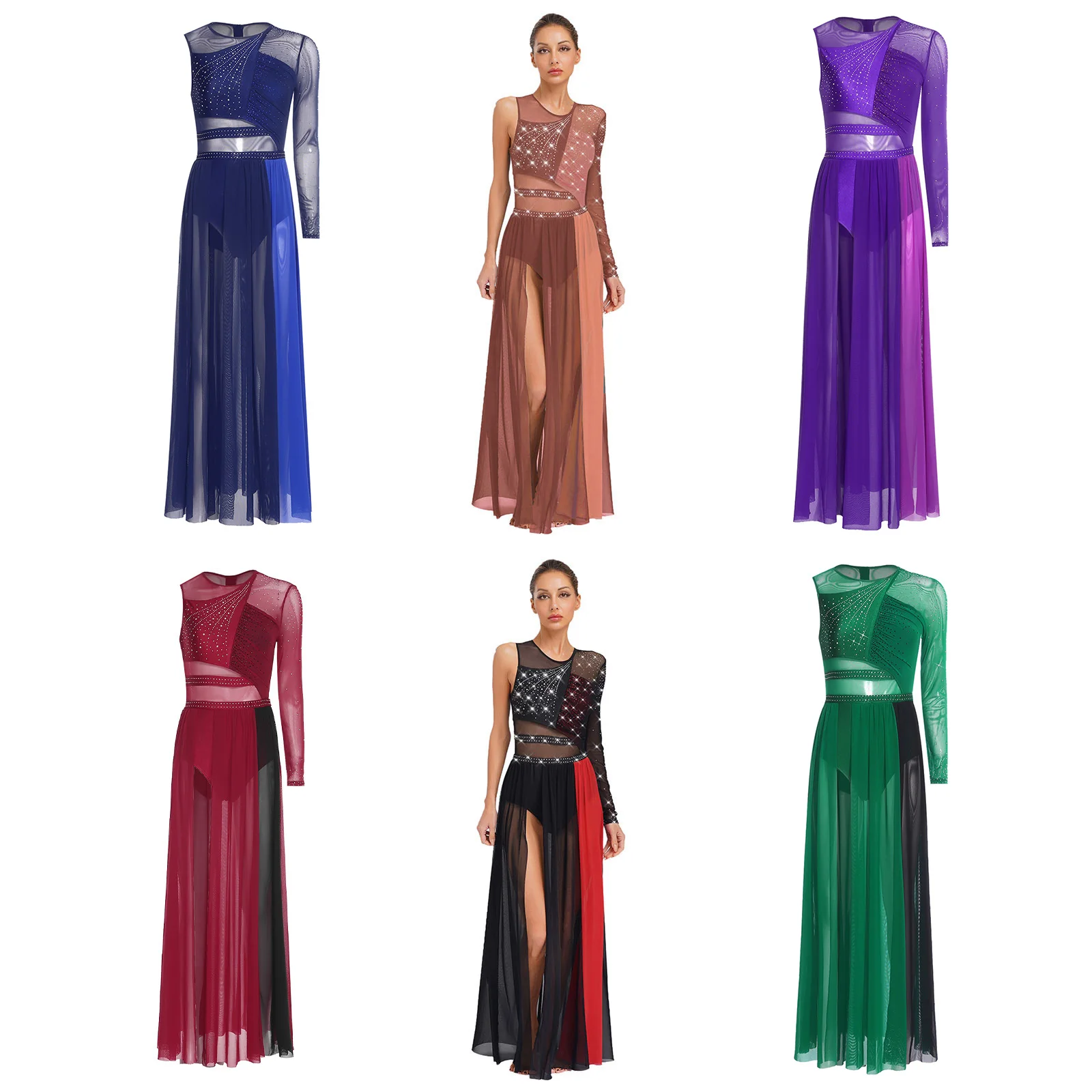 Women Lyrical Rhinestones Ballet Ballroom Waltz Dance Outfits Sheer Mesh Contemporary Ballet Stage Performance Dance Dress
