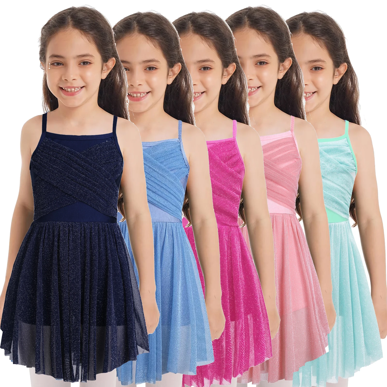 Elegant Girls Figure Skating Dress Glittery Child Gymnastic Jersey Ballet Tutu Leotard Mesh Stage Latin Lyrical Dance Costumes