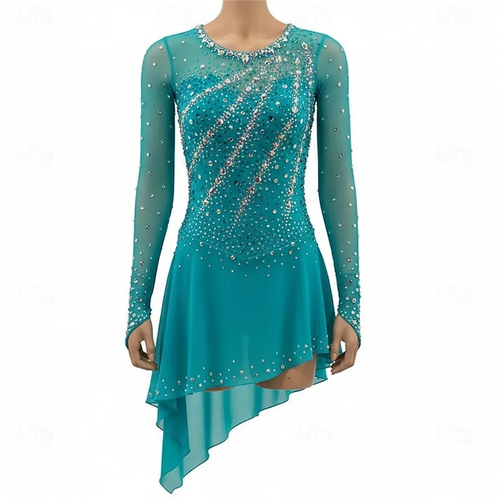 Figure Skating Dress Women's Green Patchwork Hem Stretchy Training Competition Skating Wear Classic Long Sleeve Ice Skating