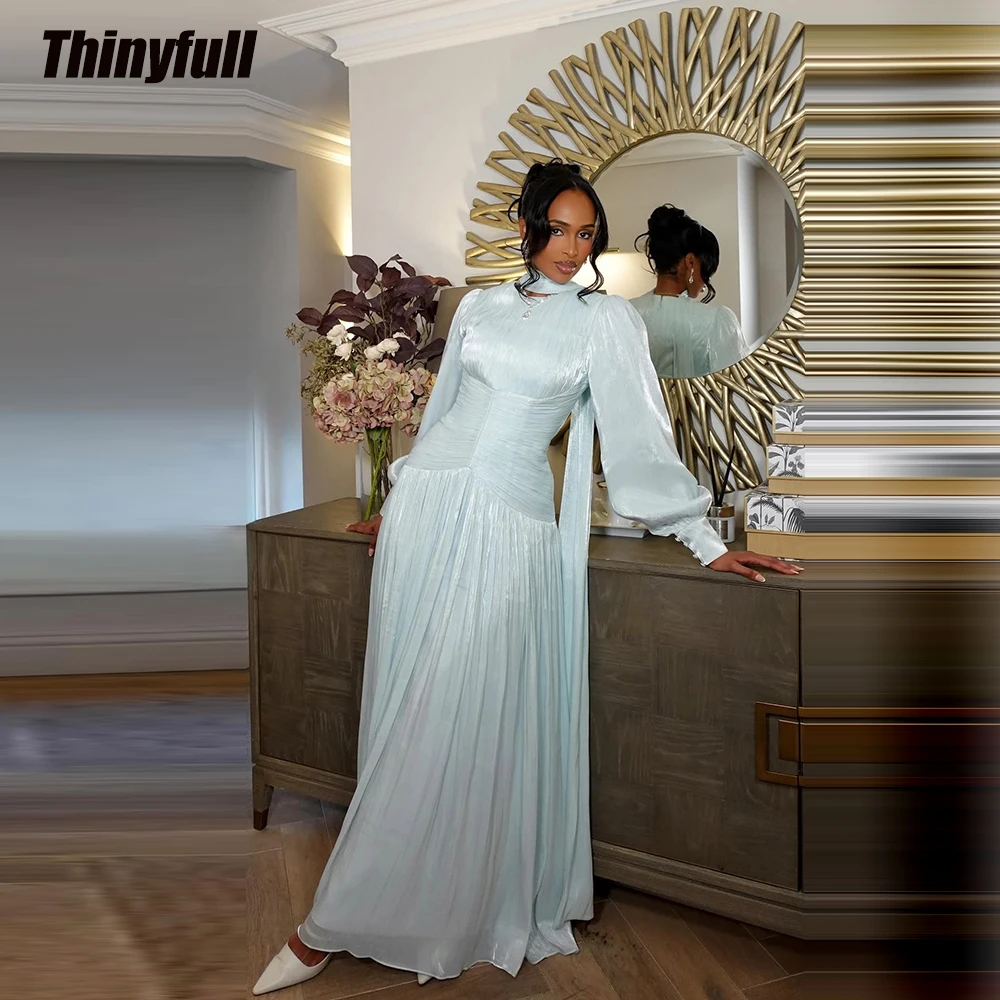 Thinyfull A-line Arab Prom Dresses O-neck Full Sleeves Shiny Satin Evening Gown Long Formal Dress Robes De Soirée Customized