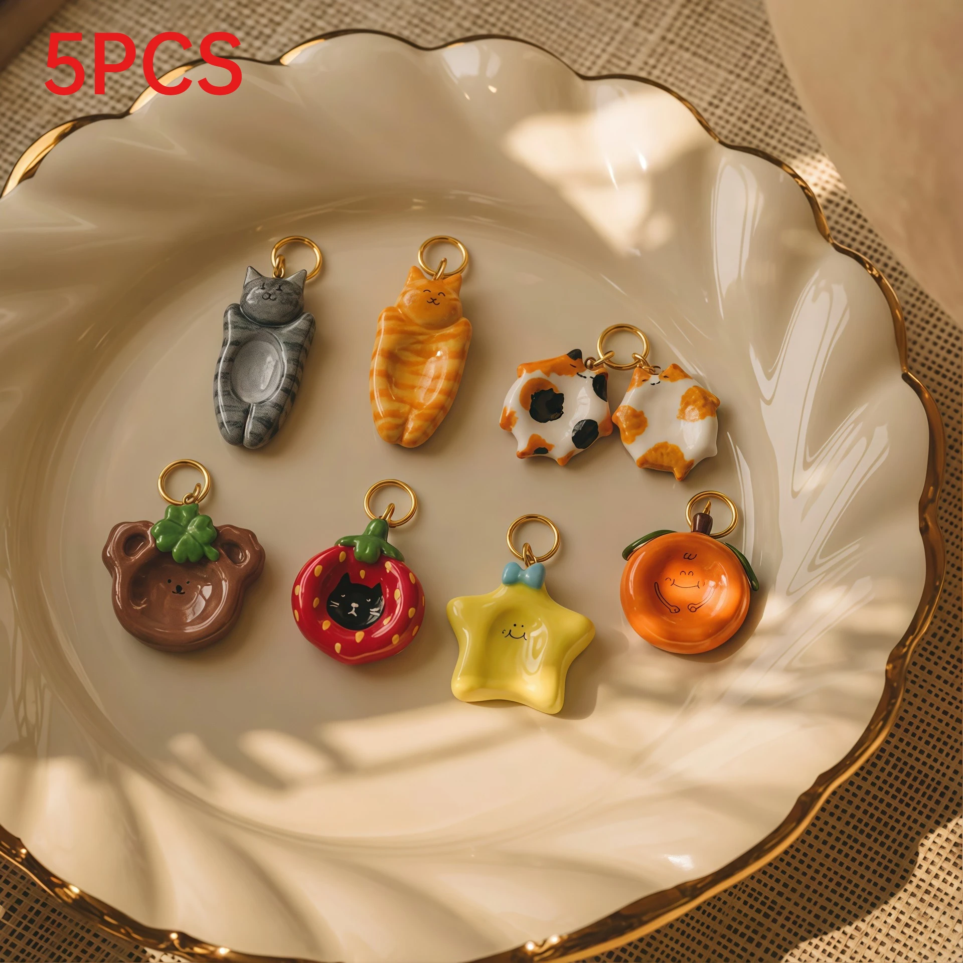 5Pcs Cute Chubby Cat Bear Persimmon Star Strawberry Charms Pendant DIY Handmade Jewelry Accessories