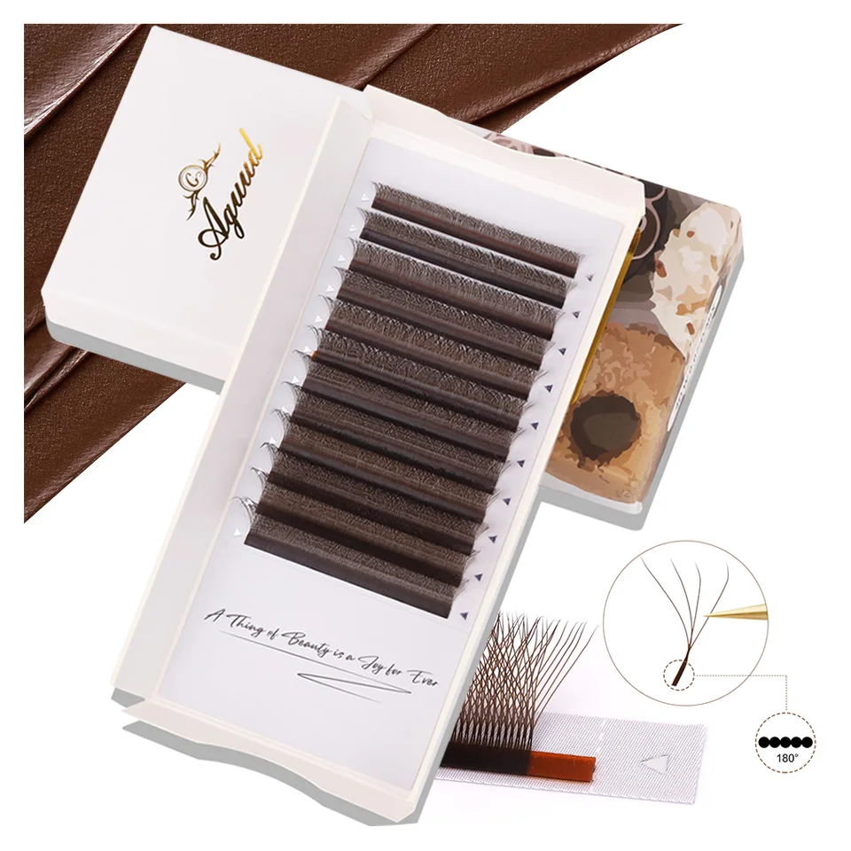 AGUUD Brown 4D W Shaped Eyelash Extensions Automatic Flowering Hand-Woven 3D Fairy Lashes Premium Premade Fans 3DW Clover Lashes