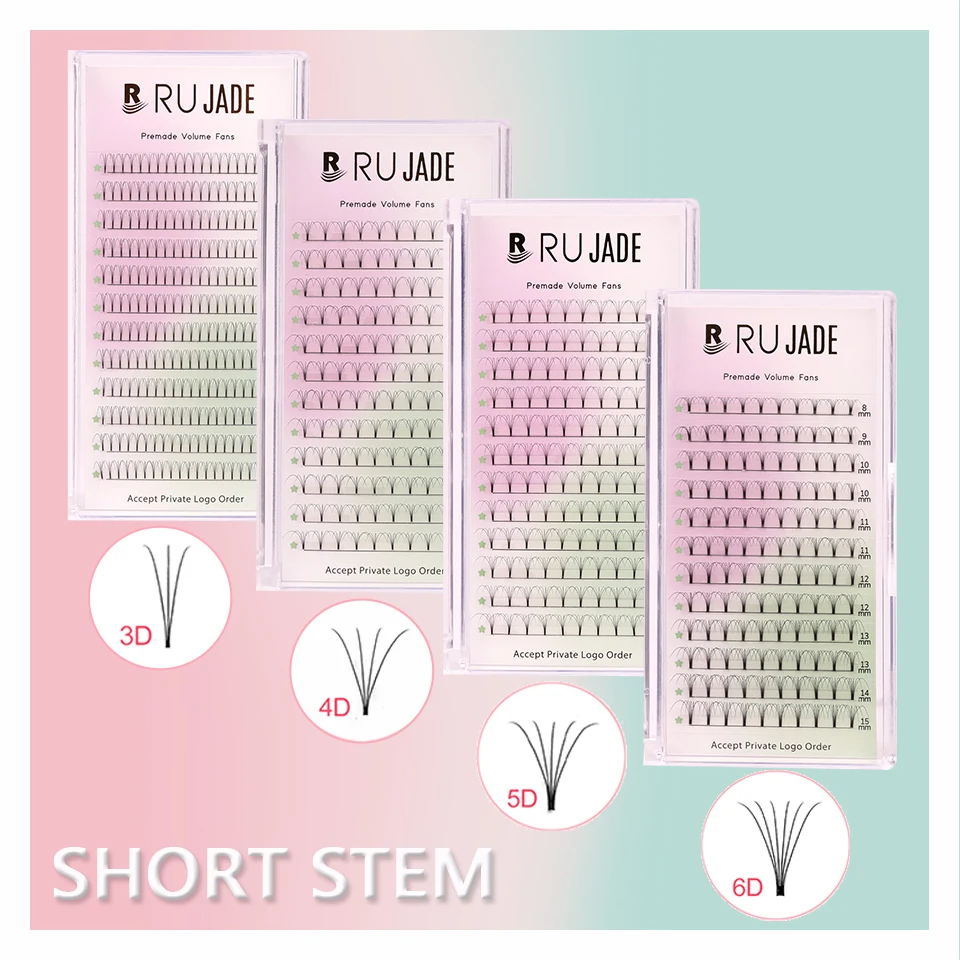 Rujade Premade Volume Fans Short Stem Russian Volume Lashes Trays 3d 4d 5d 6d Korea Pbt Fiber Premade Volume Eyelash Extensions