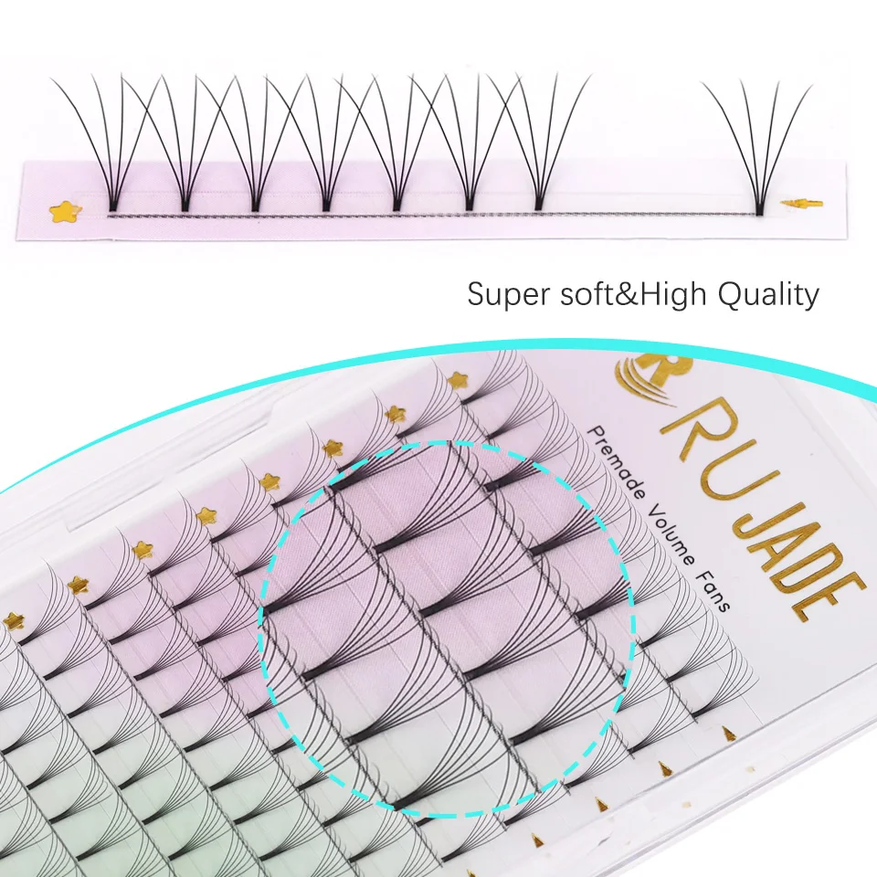 Rujade Premade Volume Fans Short Stem Russian Volume Lashes Trays 3d 4d 5d 6d Korea Pbt Fiber Premade Volume Eyelash Extensions