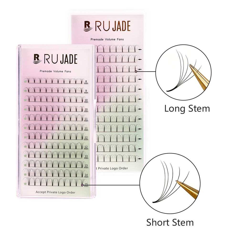Rujade Premade Volume Fans Short Stem Russian Volume Lashes Trays 3d 4d 5d 6d Korea Pbt Fiber Premade Volume Eyelash Extensions