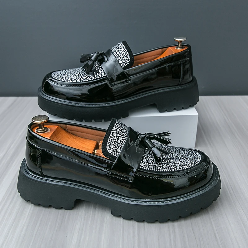 Four Seasons Men Business Loafers Black PU Men Casual Comfortable Height-increasing Fashion Shoes Travel Shoe Men Sizes 38-46