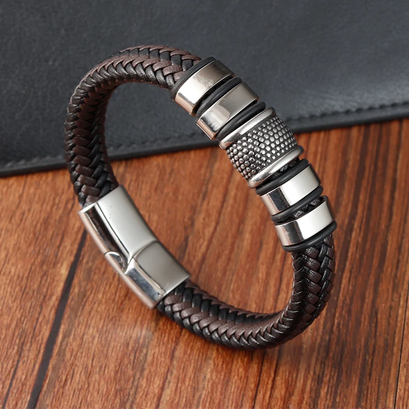 Brand Fashion Handmade Men's Leather Bracelet Trendy Classic Charm Braided Wrap Stainless Steel Bracelets Punk Bangles