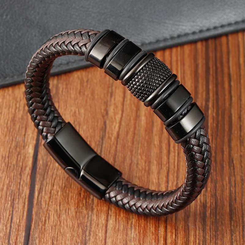 Brand Fashion Handmade Men's Leather Bracelet Trendy Classic Charm Braided Wrap Stainless Steel Bracelets Punk Bangles