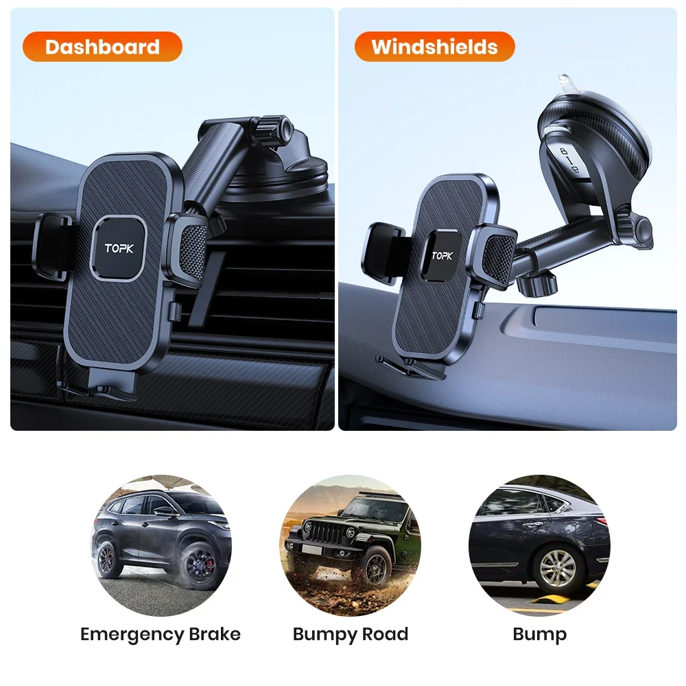 TOPK Car Phone Holder Suction Dashboard Mount Hands-Free Stand Compatible with All Smartphones