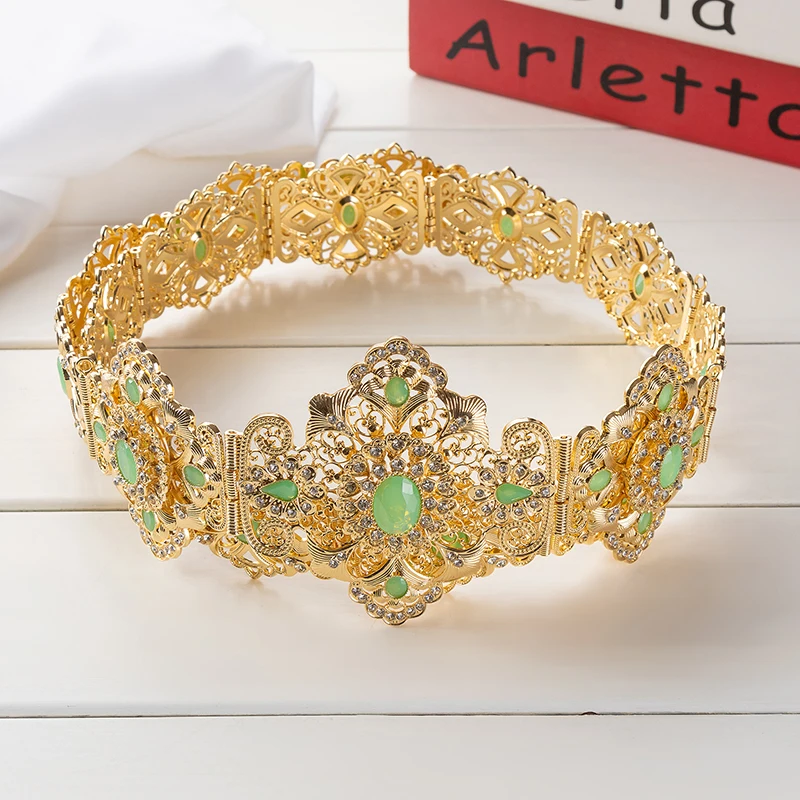 Ornate Golden Floral Waist Belt Emerald & Crystal Embellished Great for Arabian Weddings Banquets Traditional Costumes