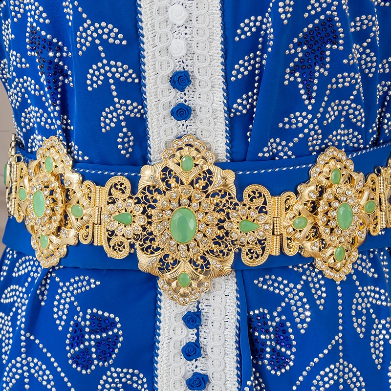 Ornate Golden Floral Waist Belt Emerald & Crystal Embellished Great for Arabian Weddings Banquets Traditional Costumes