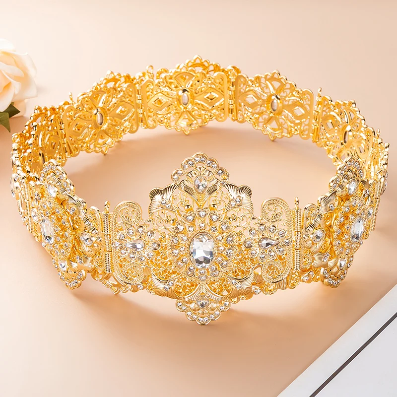 Ornate Golden Floral Waist Belt Emerald & Crystal Embellished Great for Arabian Weddings Banquets Traditional Costumes