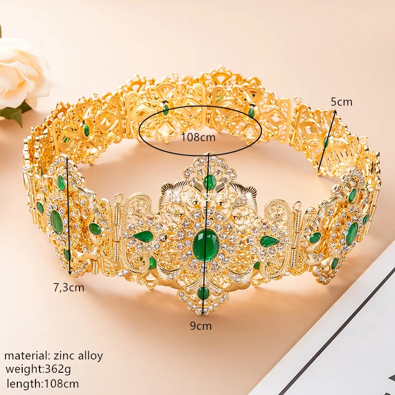 Ornate Golden Floral Waist Belt Emerald & Crystal Embellished Great for Arabian Weddings Banquets Traditional Costumes