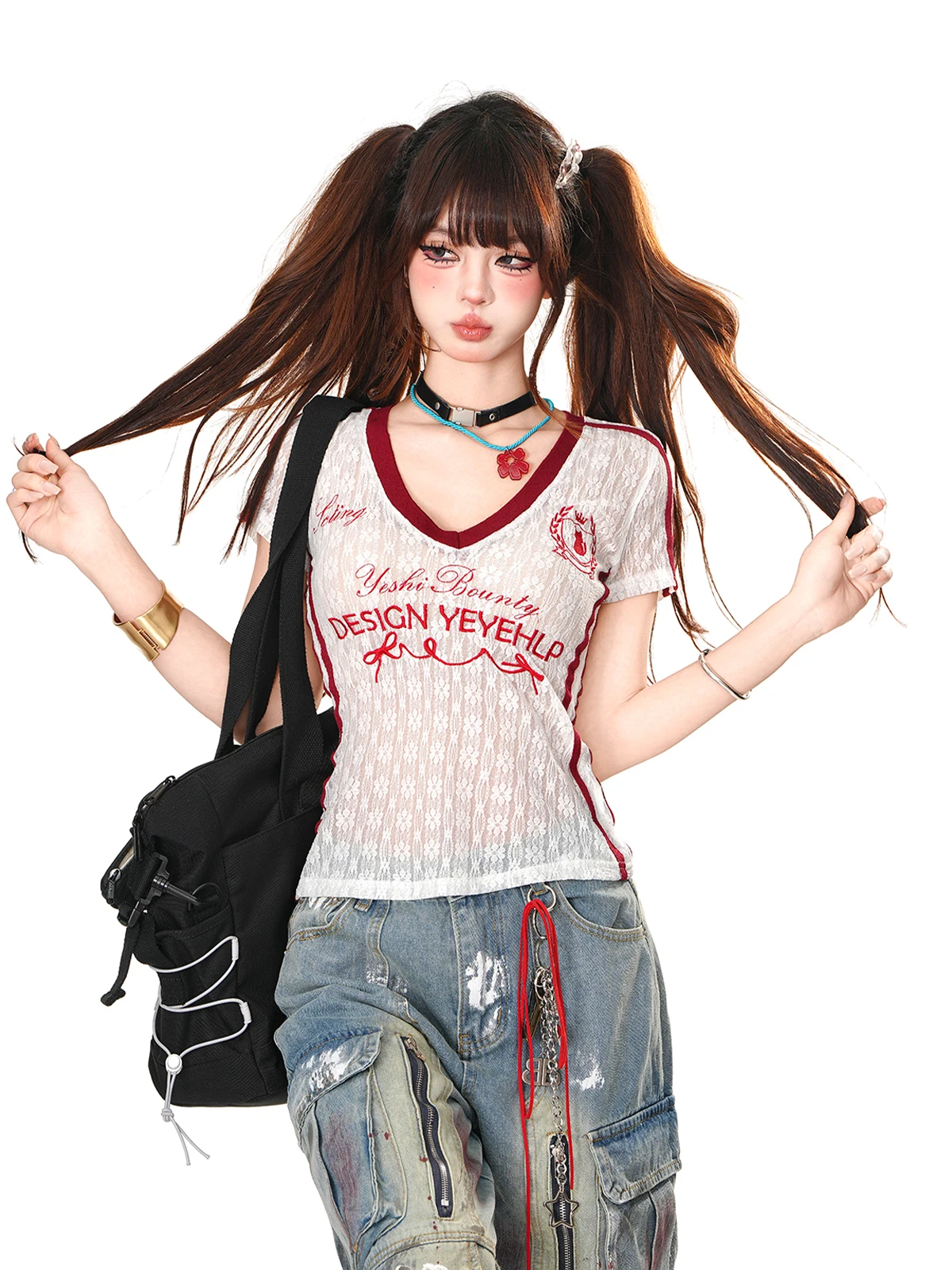 High Quality Hot Selling Wholesale V-neck Micro Transparent Lace Embroidery T-shirt Women's Short Sleeved Top Y2k Aesthetic Top