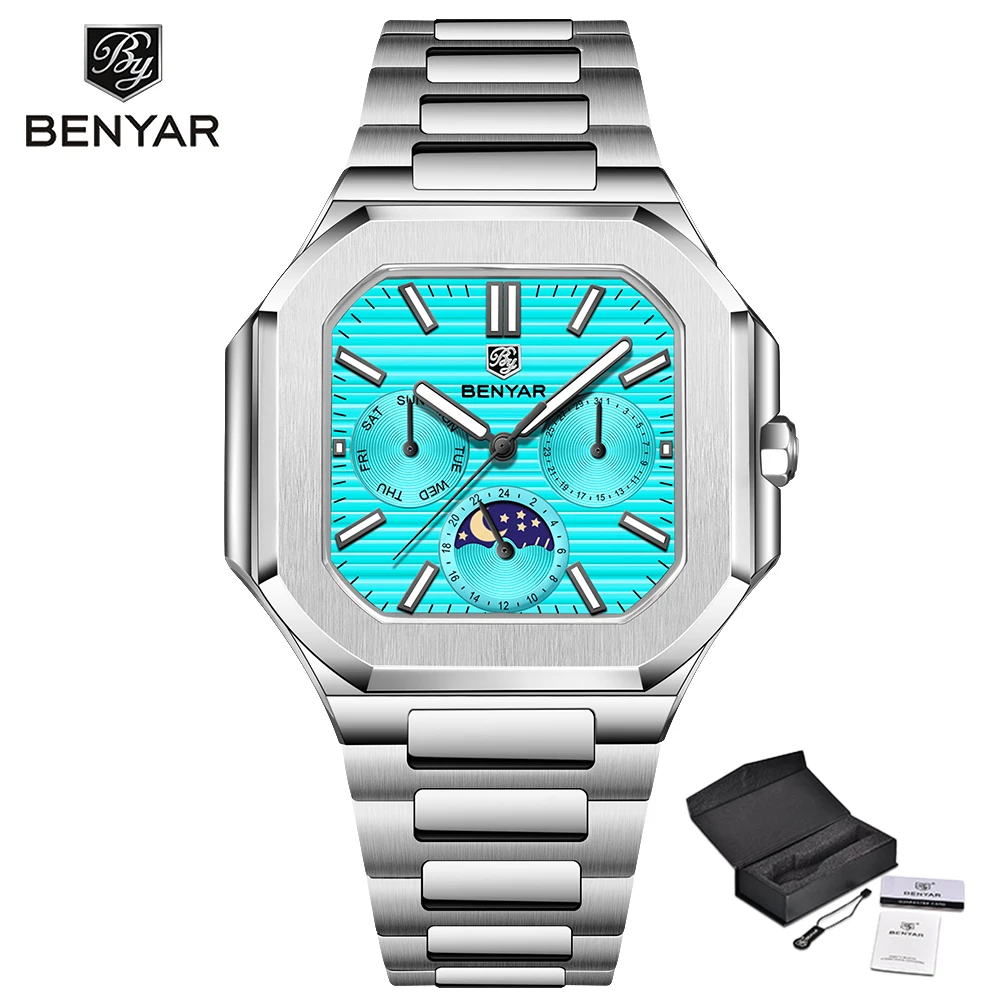 BENYAR 5221 New Square Moon Phase Watch: Classic Luxury Men's Quartz Watch with Sapphire Crystal and Stainless Steel Strap