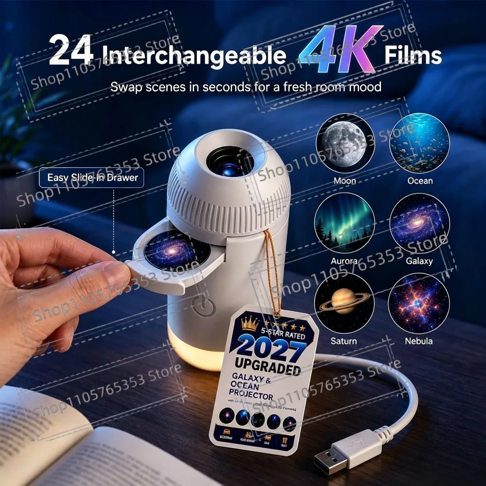 USB Projector Holographic 5D Galaxy Ocean Intelligent High-definition Night Light 360 Adjust Car Home Atmosphere Decoration Lamp