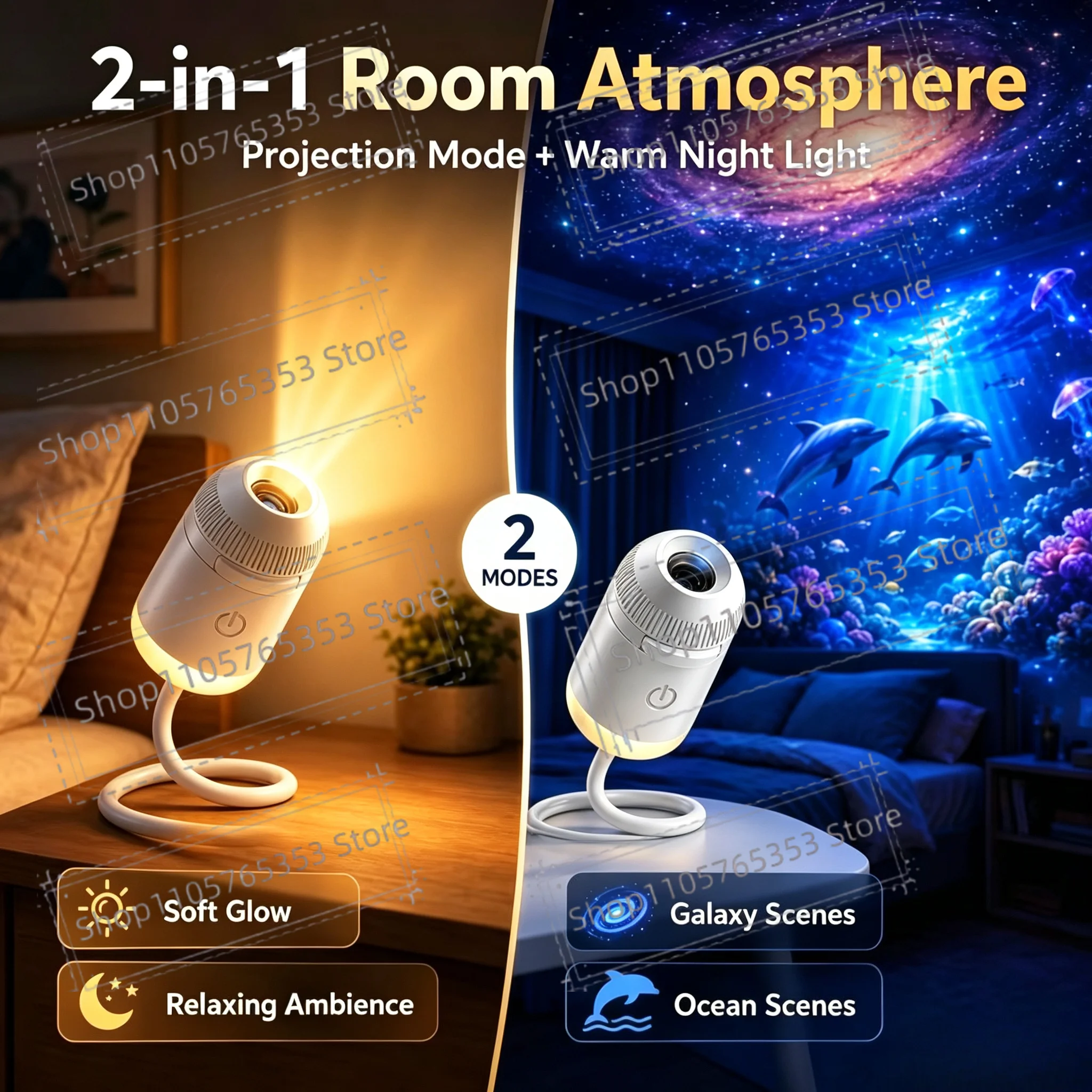 USB Projector Holographic 5D Galaxy Ocean Intelligent High-definition Night Light 360 Adjust Car Home Atmosphere Decoration Lamp