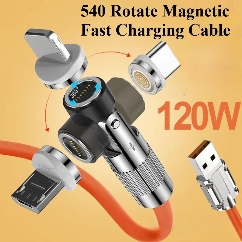 USB To TypeC 540 Rotating Data Cable Zinc Alloy Magnetic Head Super Fast Charging for IPhone Samsung Xiaomi Redmi Charging Cable