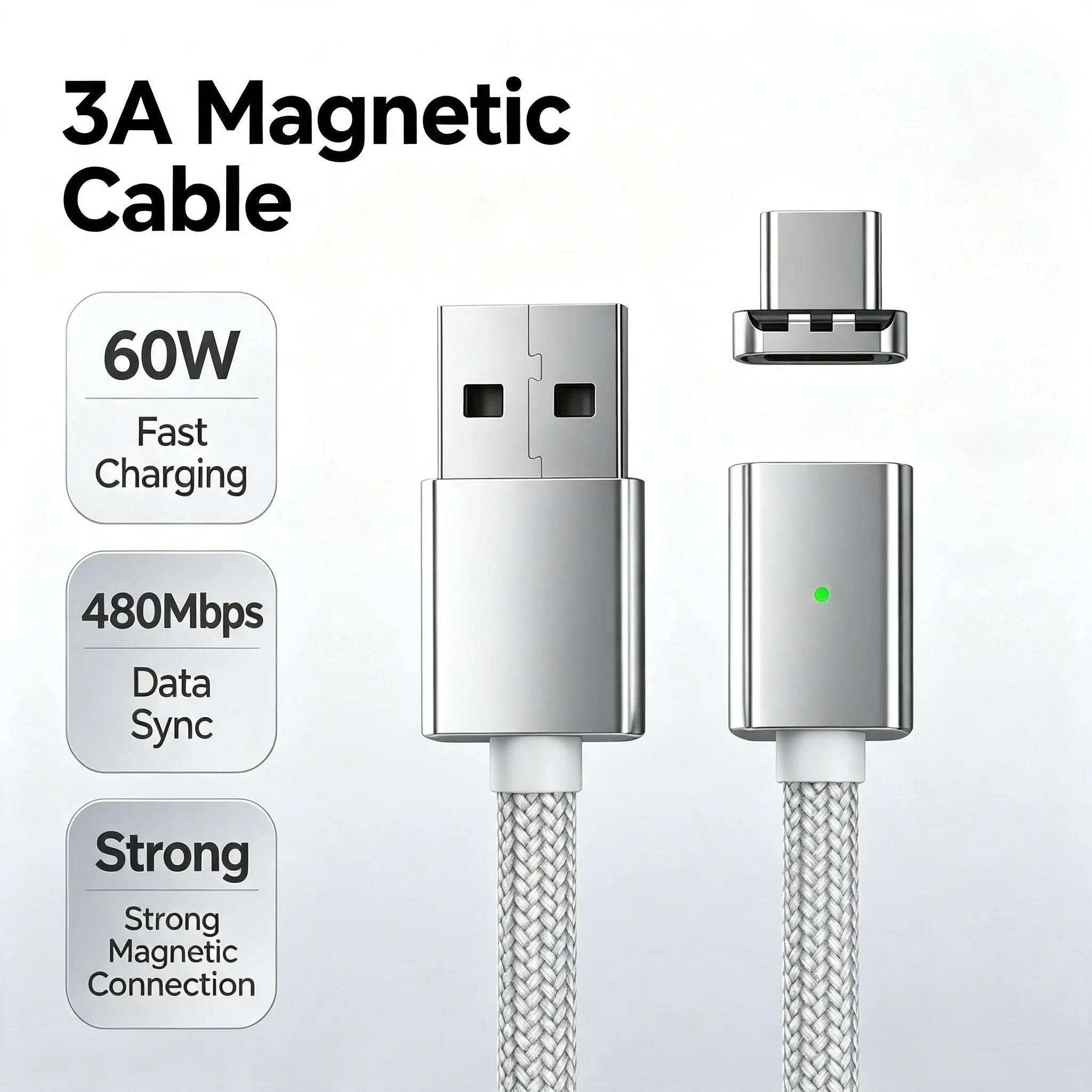 60W 3A Magnetic USB A to C Fast Charging Cable 480Mbps Nylon Braided Magnet Type C Charger Cord For Samsung Xiaomi Phone