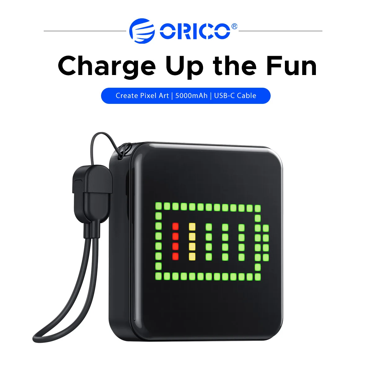 ORICO 5000mAh Pixel Art Power Bank with Built-in USB-C Cable 256 LED Beads Custom DIY Portable Charger for Smartphones