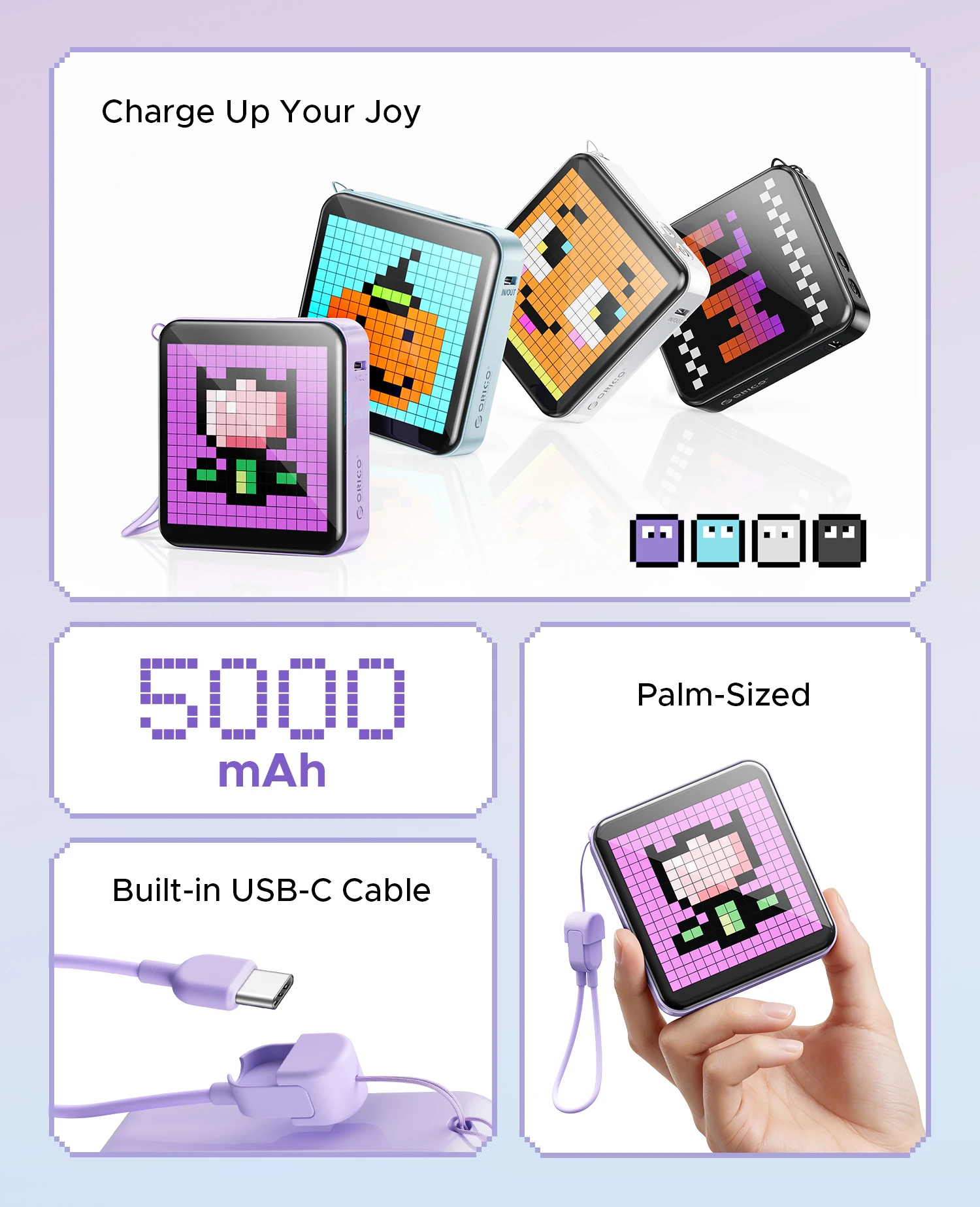 ORICO 5000mAh Pixel Art Power Bank with Built-in USB-C Cable 256 LED Beads Custom DIY Portable Charger for Smartphones