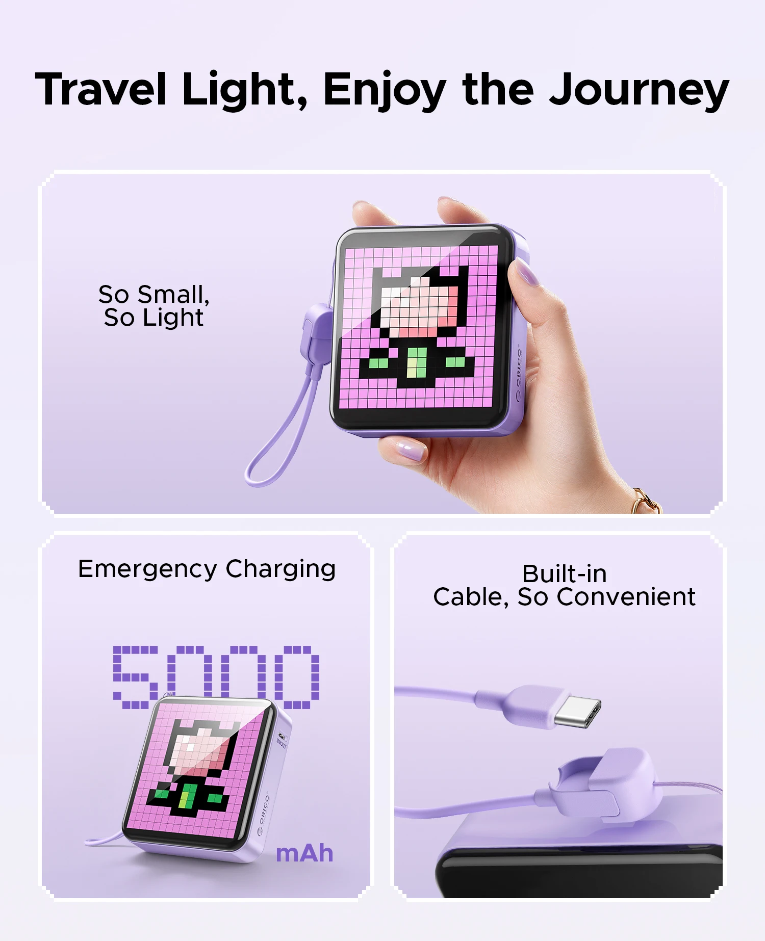 ORICO 5000mAh Pixel Art Power Bank with Built-in USB-C Cable 256 LED Beads Custom DIY Portable Charger for Smartphones