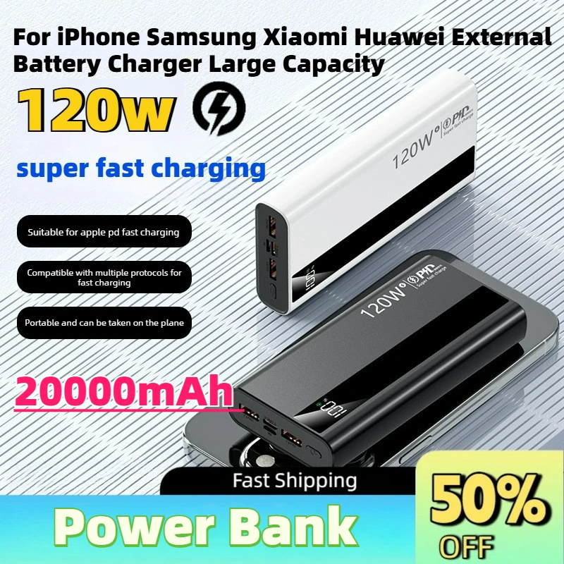 Portable 20000mAh 120W Super Fast Charging Power Bank For iPhone Samsung Xiaomi Huawei External Battery Charger Large Capacity
