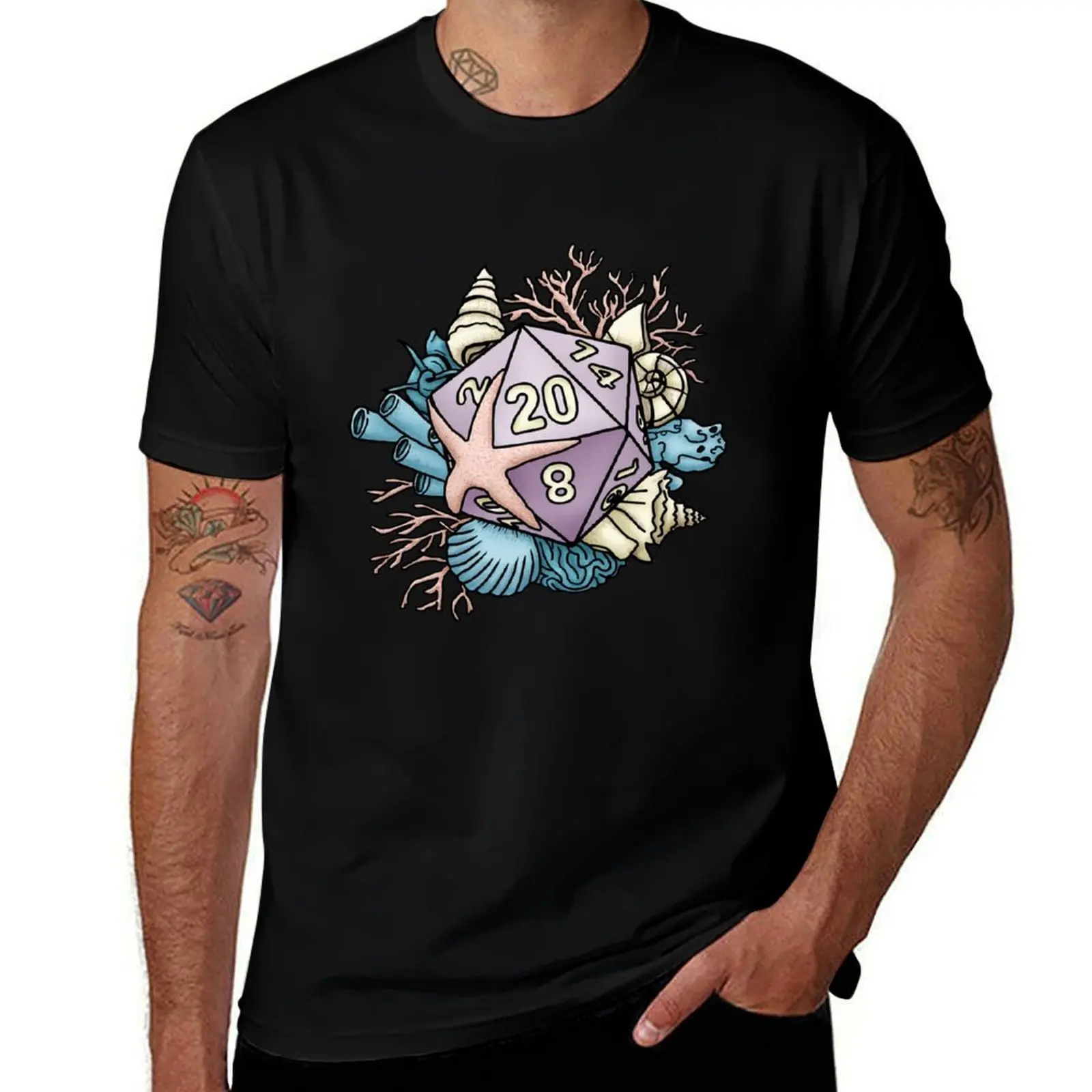 Mermaid D20 Tabletop RPG Gaming Dice T-Shirt Big and Tall Crew Neck Tee T-Shirt