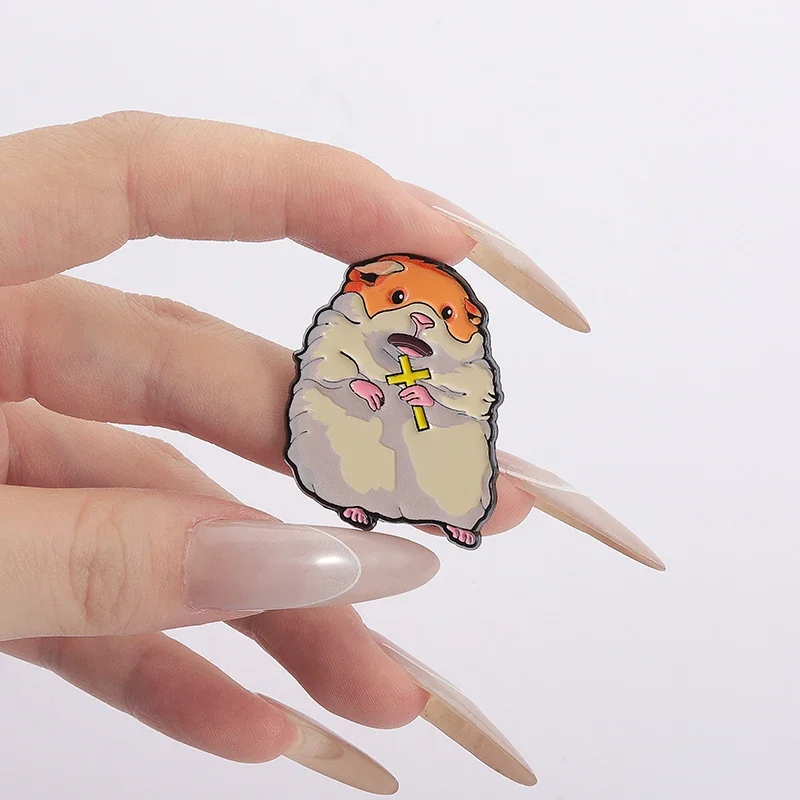 Screaming Hamster Brooch Enamel Pins Funny Mouse Animal Cross Metal Brooches Clothes Lapel Badges Faith Jewelry Gift for Friends