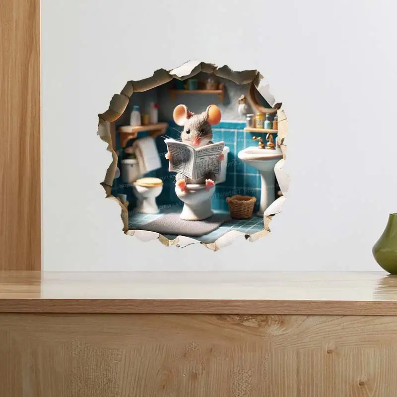 Funny Bathroom Mouse Reading Book in the toilet-Cracked Wall Sticker-Baseboard Sticker Decal-Cute Home Decor Mural M1025