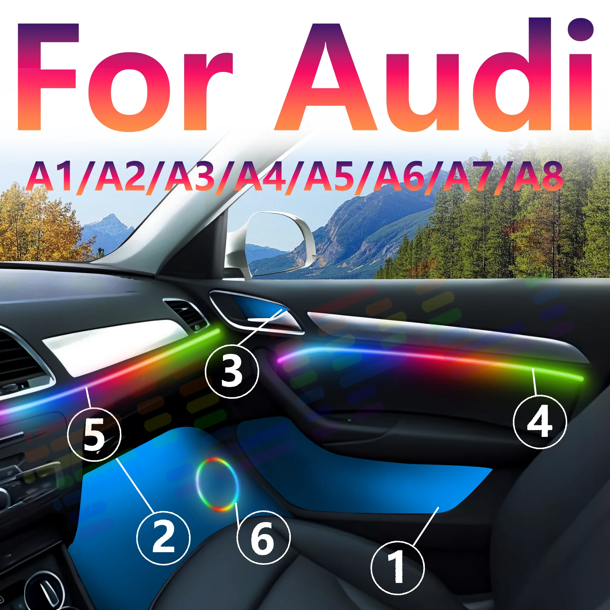 LED Car For Audi A3 Interior Atmosphere upgrade Ambient Light kit A6 A7 C5 C6 Q3 Q2 Q7 A1 A4 64 Color RGB Symphony APP 12V