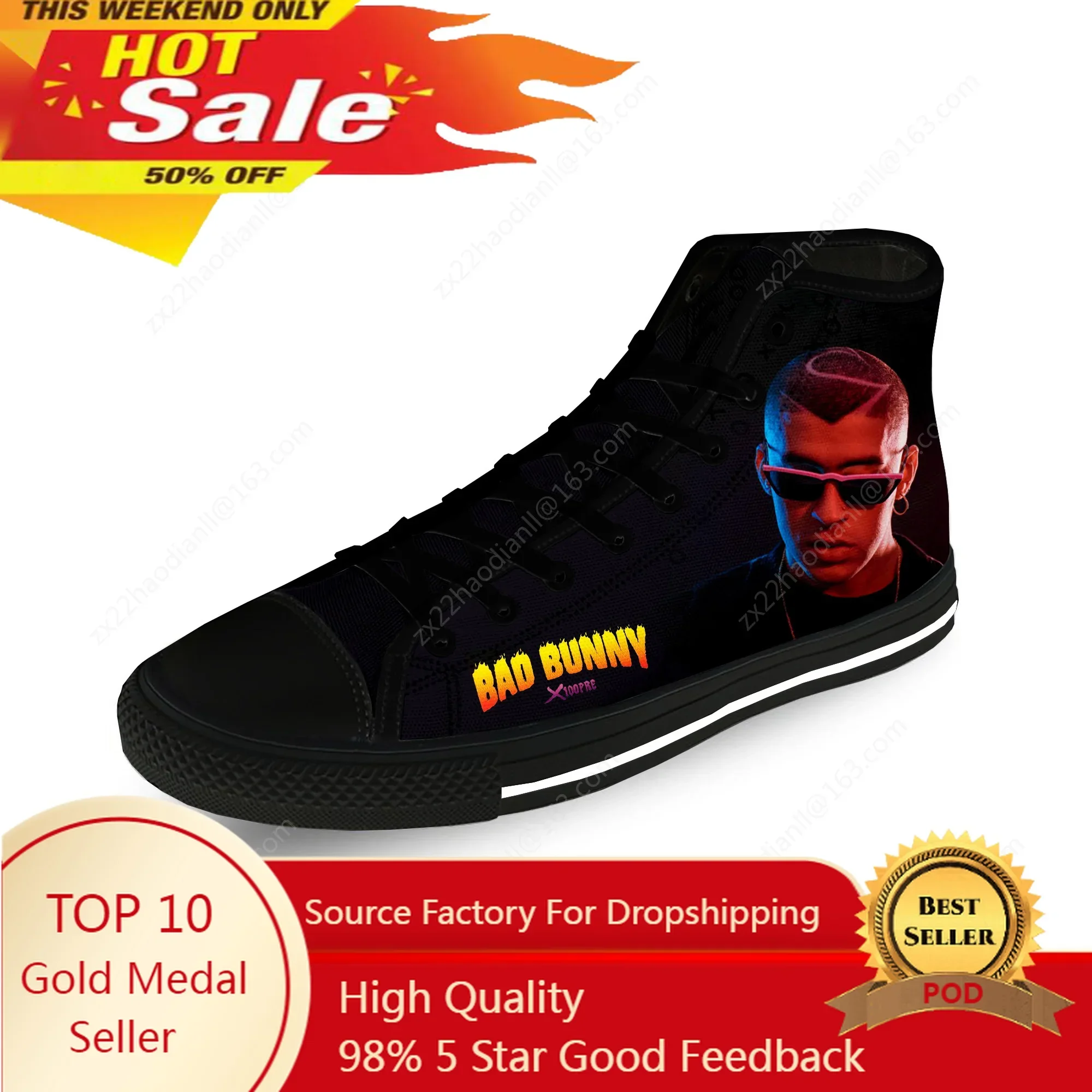 Bad Bunny Rap Hip Hop Rapper Cool Casual Cloth Fashion 3D Print High Top Canvas Shoes Men Women Lightweight Breathable Sneakers