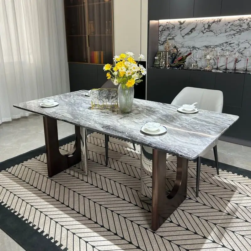 #Sturdy Elegant Square Dining Table Premium Marble Top Stable Carbon Steel Base Modern Design Assembled 6-Seater Villa
