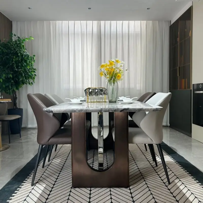#Sturdy Elegant Square Dining Table Premium Marble Top Stable Carbon Steel Base Modern Design Assembled 6-Seater Villa