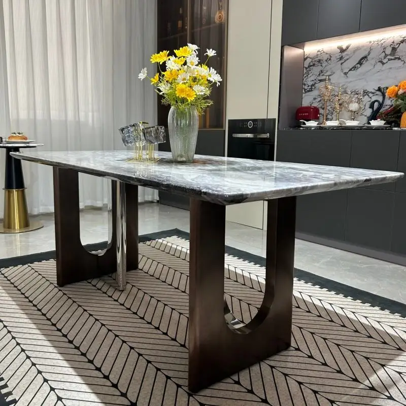 #Sturdy Elegant Square Dining Table Premium Marble Top Stable Carbon Steel Base Modern Design Assembled 6-Seater Villa