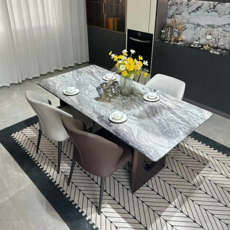 #Sturdy Elegant Square Dining Table Premium Marble Top Stable Carbon Steel Base Modern Design Assembled 6-Seater Villa