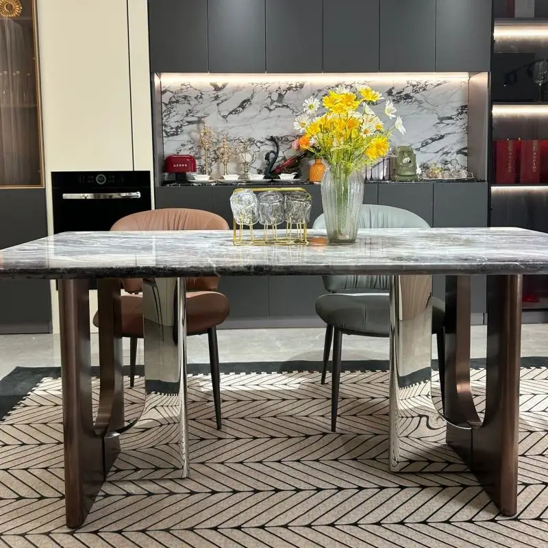 #Sturdy Elegant Square Dining Table Premium Marble Top Stable Carbon Steel Base Modern Design Assembled 6-Seater Villa