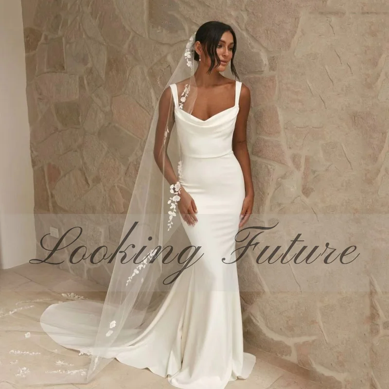 Customized Elegant Mermaid White Wedding Dress Square Collar Spaghetti Strap Bride Gown Illusion Backless With Button Robe 2026