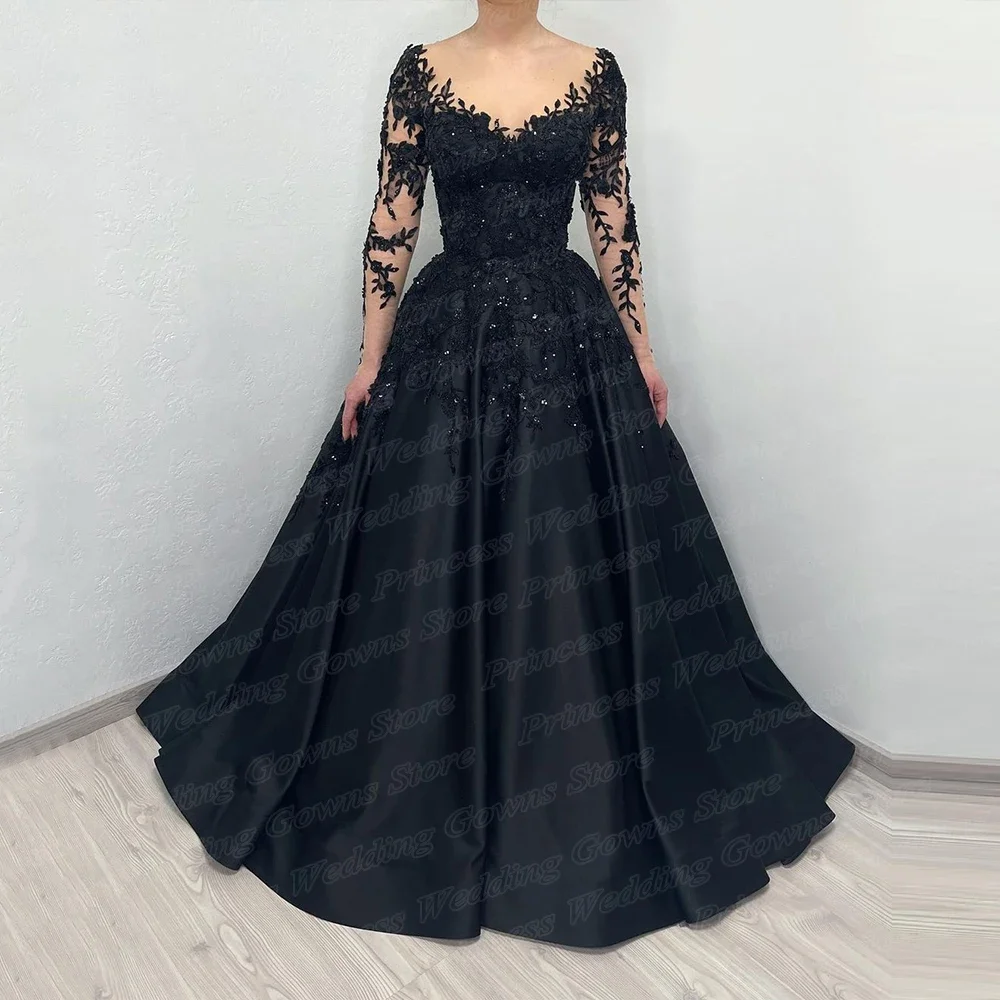 Black Gothic Wedding Dress Illsuion V-neck Glitter Applique Lace Chapel Train A Line Sheer Elegant Bridal Gown For Bride