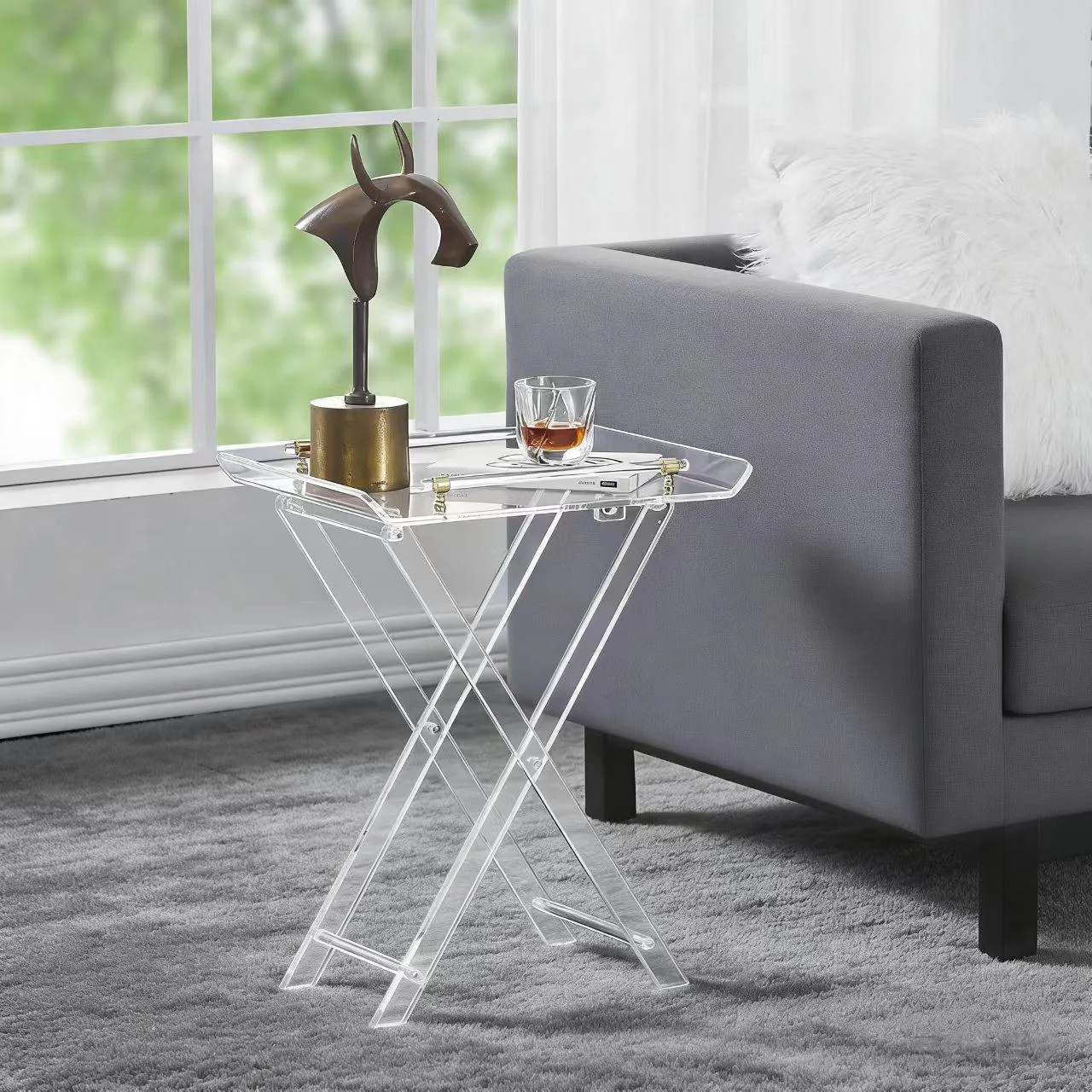 vw-Custom Modern Chic Clear Acrylic Folding Tray Table Elegant Design for Hotel as Accent Desk Kitchen and Bar Serving Table~