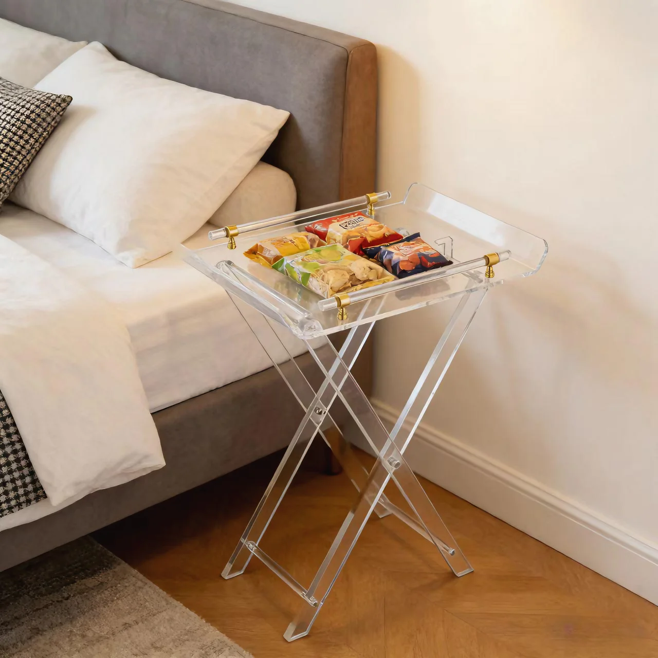 vw-Custom Modern Chic Clear Acrylic Folding Tray Table Elegant Design for Hotel as Accent Desk Kitchen and Bar Serving Table~