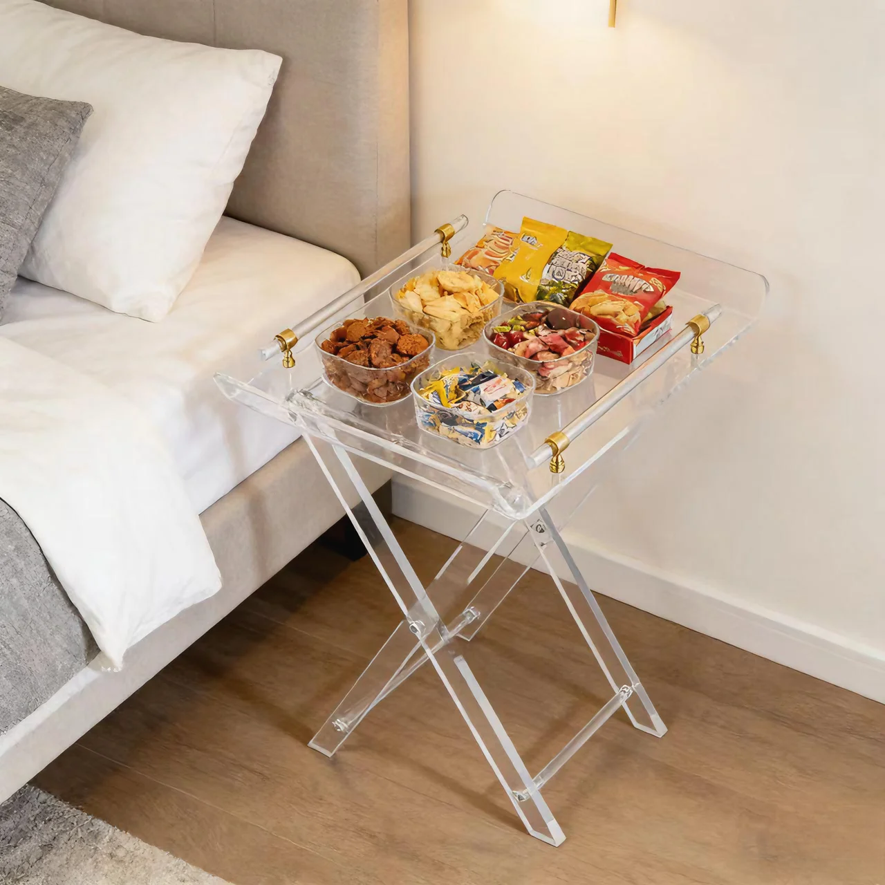 vw-Custom Modern Chic Clear Acrylic Folding Tray Table Elegant Design for Hotel as Accent Desk Kitchen and Bar Serving Table~
