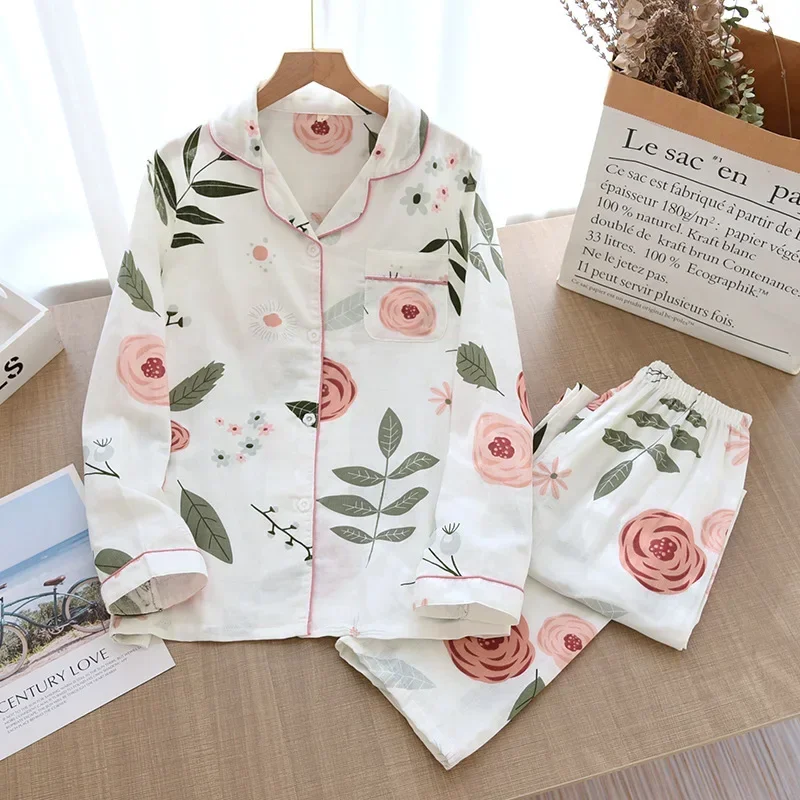 New Spring And Summer Pajamas Two-piece Ladies 100% Cotton Gauze Long-sleeved Trousers Simple Flowers Loose Home Service Set
