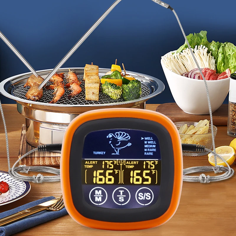 Kitchen Touch Screen Thermometer Digital Meat Waterproof Oven Cooking BBQ Temperature Meter Timer Mode with Double Probes