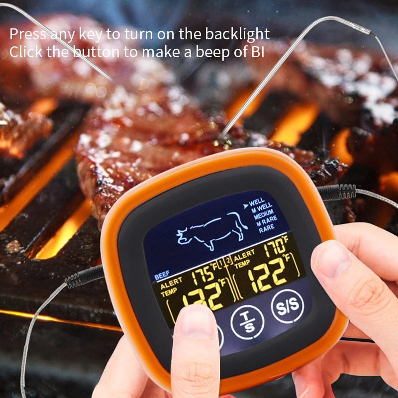 Kitchen Touch Screen Thermometer Digital Meat Waterproof Oven Cooking BBQ Temperature Meter Timer Mode with Double Probes