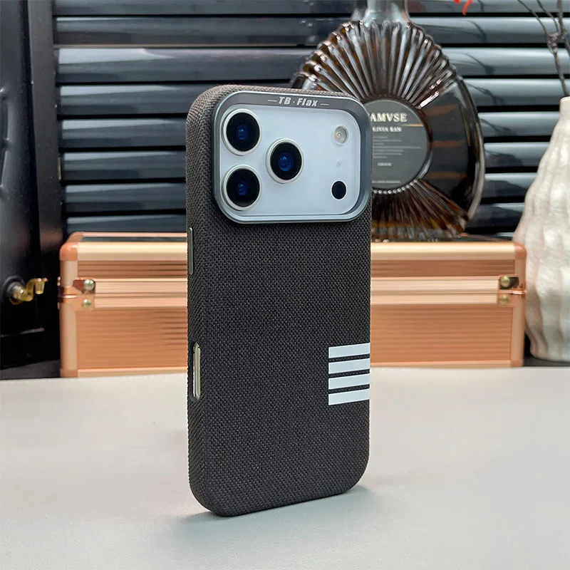 Linen Fabric Magnetic Phone Case For iPhone 17 Pro Max 16 15 14 Pro Max Magsafe Wireless Charging Metal Camera Frame Shockproof